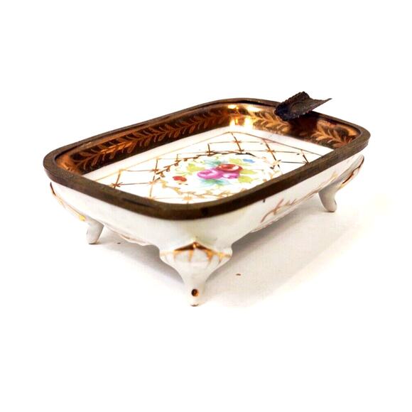 Antique Porcelain Germany Kalk Crossed Arrows Mark Gilt Ashtray Hand Painted - Picture 1 of 8